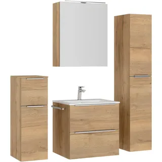Nobilia Badezimmer , Eichefarben, Edelstahlfarben , Holzwerkstoff , 5-teilig , 5 Fächer , 2 Schublade(n),3 Schublade(n) Schubladen , G , 121 cm , Goldenes M, Made in Germany , Griffeauswahl, hängend, Zusatzausstattung erhältlich, Typenvielfalt , Badezimmer, Badmöbelsets & Badmöbelserien, Badmöbel-Sets