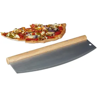 Relaxdays Pizza Wiegemesser, Edelstahl Pizzaschneider mit Holzgriff, 1 Klinge mit Schutzhülle, HxB: 12 x 35 cm, silber