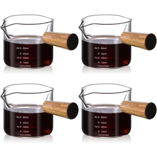 RETON 4 Stück Espressotassen mit Holzgriff, 75ml Messbecher Glas mit Doppelskala und Doppelauslauf, Espresso Gläser mit V-FöRmige AusgießEr für Kaffee, Milch, Saft, Flüssigkeit (2.5OZ)