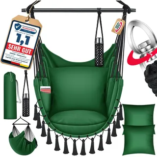 KESSER® Hängesessel mit 2 Kissen Getränkehalter & Bücherfach - Safari XXL Hängestuhl für Erwachsene & Kinder Hängematte bis 150 kg Hängesitz Aufhängung Indoor & Outdoor Wohn & Garten Terrasse - Grün
