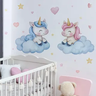 FUFUQUARE Cartoon Einhorn Wandaufkleber Kinder Blau und Rosa Wolken Stern Wandtattoo Abnehmbares Abziehen und Stick für Mädchen Kinderzimmer Schlafzimmer Wohnzimmer Kunst Heimdekoration