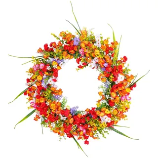 40 cm Türkranz, Wildblumen Girlande, Künstlich Türkranz Ganzjährig für Wanddekoration Haustür Deko, Bunte Frühlings Sommer Girlande, Türen Hängen Kranz Blumenkranz für Garten, Hochzeit, Party