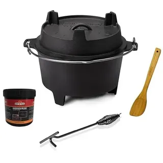 Grillfürst Dutch Oven ca. 9 Liter - stabil stehender Feuertopf durch speziell entwickelte T-Füße, hitzebeständiger Gusseisen Topf, Deckel als Pfanne nutzbar, DO 9