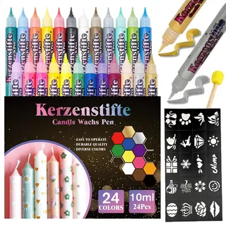CAwished 10 ml Kerzenstifte Wachsstifte mit vorgestanzten Aufklebern und Schwammwerkzeugen, Kerzen Bemalen Set ideal zum Dekorieren und Gestalten von Wachsstifte für Kerzen (24 Farben)