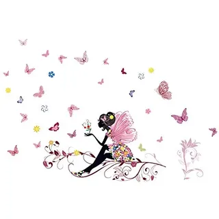 Kibi Wandaufkleber Wandtattoo Wandsticker, Schmetterlings Fee Aufkleber Schlafzimmer Wohnzimmer Wände Mädchen Schmetterling Blumen-Fee Aufkleber