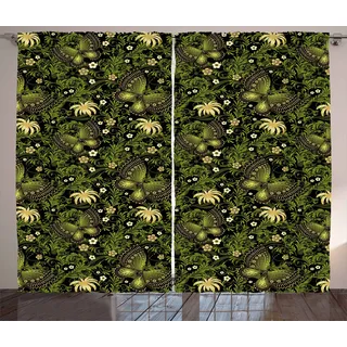 ABAKUHAUS Salbei Rustikaler Vorhang, Frühlings-Schmetterlinge Verziert, Wohnzimmer Universalband Gardinen mit Schlaufen und Haken, 280 x 175 cm, Schwarz Grün Gelb - Bunt