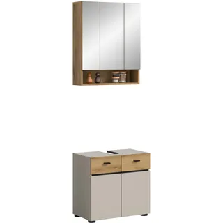 xonox.home – Badkombination Aqua 60x191x35 cm in Kaschmir Melamin – 2-teiliges Set bestehend aus Spiegelschrank & Waschbeckenunterschrank – Kompakte Lösung, ideal für kleine Bäder oder das Gäste-WC