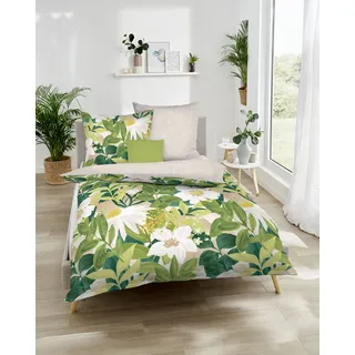 Wendebettwäsche KAEPPEL "Botanik", grün (kiwi), B/L: 135cm x 200cm, 1 Stk., 1 Stk., Mako-Satin, B/L: 80cm x 80cm, 2 Stk., Mako-Satin, Obermaterial: 100% Baumwolle, Bettwäsche, Wendebettwäsche, Mit Blumen