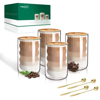 Latte Macchiato Gläser Doppelwandig 400ml 4er Pack mit 4 Löffeln Doppelwandige Kaffeegläser Cappuccino Tassen Spiralförmig Espressotassen Thermogläser Teegläser aus Borosilikatglas