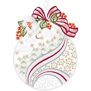 W. Reuter & Sohn - Plauener Spitze Fensterbild "Weihnachtskugel" Made in Germany, ecru, goldfarben, rot