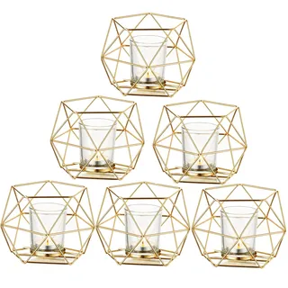 Romadedi Teelichthalter Kerzenhalter Metall Gold - 6er Set Geometrisches Teelichter Kerzenständer Stumpenkerze Windlicht Modern Geo Deko für Tischdeko Party Hochzeit Wohnzimmer Weihnachten