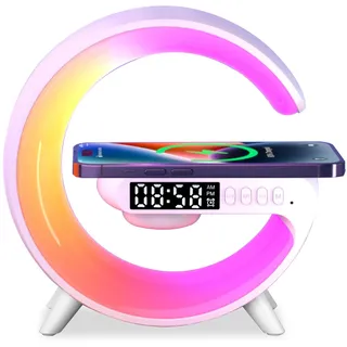 Nachttischlampe mit Ladefunktion, 5W Uhr mit Ladestation Handy LED Lampe mit Ladestations Dimmbar G Lampen mit Bluetooth Lautsprecher, Wecker und Ladestation für Handy, 10 Lichtfarbe (Weiß)
