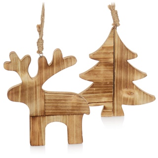 com-four® 2-teilges Hängedeko Set aus Holz - Dekoration zum Aufhängen in Elchform und Tannenbaumform - weihnachtliche Wanddeko (02 teilig - Rentier. Tannenbaum)