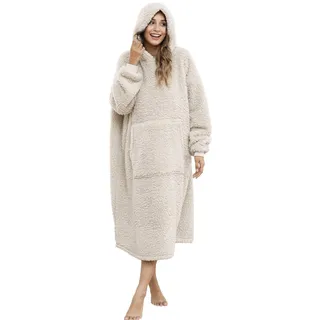ililmmoe Sherpa tragbare Decke Übergroße Hoodie Sweatshirt TV Decke mit Langen Ärmeln und Tasche-Beige One Size
