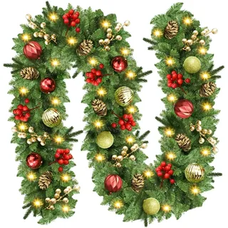 Weihnachtsgirlande, 9 Fuß Tannengirlande mit Beleuchtung, 30 LED Girlande Weihnachten, Weihnachtsdeko Girlande, Künstliche Weihnachtskranz Für Kamine, Treppen, Bögen, Zuhause, draußen