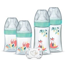DODIE 4 Babyflaschen zur Geburt, rund, Anti-Colic (2 x 150 ml und 2 x 270 ml), ein Schnuller zur Geburt