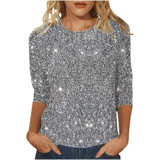 Glitzer Bedruckt Oberteile Damen 3/4 arm Pailletten Drucken Shirt Festlich Elegant Große Größen Blusen Silvester Outfit Rundhals Pullover Party Festliche Top