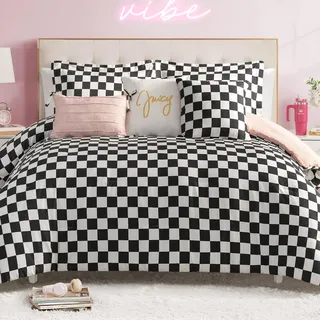 Juicy Couture-Wende-Steppdecken-Set, Schachbrettmuster, 6-teilig, Doppelbett-/Queen-Size-Bett-Set, Schwarz/Weiß