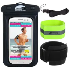 SwimCell Handyhülle Wasserdicht Armband - Handytasche Laufen, Schwimmen und Joggen. Passt für ALLE STANDARD Handys bis zu 16cm iPhone 11, 13 Pro Samsung. Android. BONUS Hi-Vis Armband und Umhängeband.