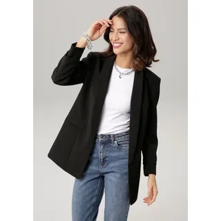 Longblazer LAURA SCOTT, Damen, Gr. 46, schwarz, Web, Obermaterial: 90% Polyester, 10% Elasthan. Futter: 100% Polyester, unifarben, figurbetont hüftbedeckend, Blazer Longblazer, mit gerafften Ärmeln, Topseller