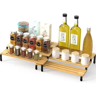 Bamboo-Ständer - Küchenregal - stehender Küchenorganizer - Set von 2 - 3 Platten - ausziehbar - stapelbar - Esszimmer - Arbeitsplatte - Küchenkommode - schwarz - Weiß