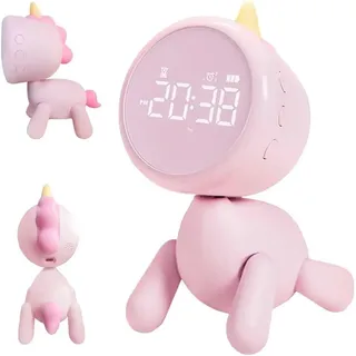 Einhorn-Kinderwecker, wiederaufladbar mit variabler Form, digitaler Spiegelwecker, niedliche Schreibtischdekoration für Jungen und Mädchen - Kinderzimmer und Büro (Rosa)