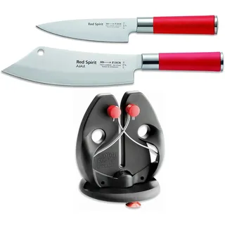 F. Dick Kochmesser-Set „Ajax“, Red Spirit (Messer 15 cm, Küchenmesser 20 cm, Messerschärfer Rapid Steel, X55CrMo14 Stahl, nichtrostend, 56° HRC