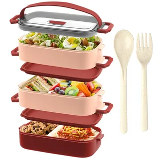 OITUGG Brotdose - 3 Etagen Lunchbox für Erwachsene - 2200ml Bento Box, mit Besteck und 3 stk Fächern Einstellbar, BPA Frei, Mikrowellengeeignet, Rot, 19.5 x 11.2 x 15cm, ohne Edelstahl Inner