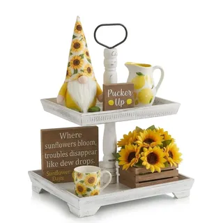 Hanobe Deko Tablett Etagere Holz: Weiß Gewaschen Holztablett Groß Rechteckig mit 2 Etagen Bauernhaus Dekotablett - Vintage Shabby Serviertabletts für Home Küche Kaffeeecke