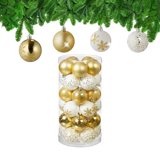 Relaxdays Weihnachtskugeln 30er Set, Kunststoff, D: 6 cm, runde Weihnachtsbaumdeko, Baumschmuck bruchsicher, Gold/weiß