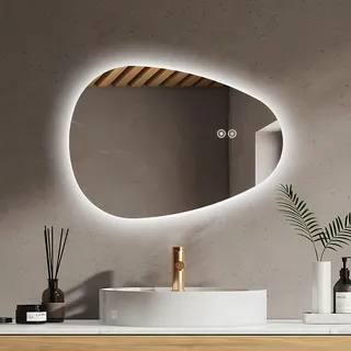 EMKE Badezimmerspiegel mit Beleuchtung Asymmetrischer Spiegel 60 x 45 cm mit Touch-Schalter, 3 Lichtfarben Dimmbar, Beschlagfrei Badspiegel mit Beleuchtung IP44 Energiesparend