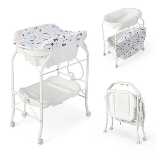 COSTWAY 4 in 1 Wickeltisch klappbar mit Badewanne, tragbare Wickelkommode mit Wickelauflage, mobile Wickelstation mit Universalrädern für 0-12 Monate Baby, bis 35 kg belastbar (Weiß)