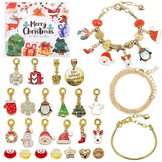 Hianjoo Adventskalender Schmuck, 24 Tage Weihnachten Adventskalender Bastelset mit Mädchen Junge Charm Armbänder, Weihnachtskalender Mädchen Junge Geschenk, (Golden)