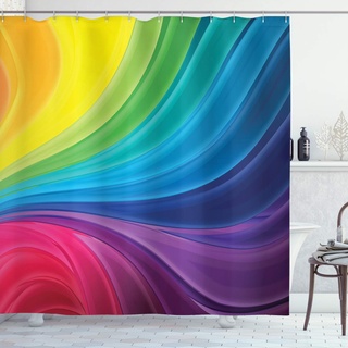 ABAKUHAUS Regenbogen Duschvorhang, Abstrakte weiche Linien, Stoffliches Gewebe Badezimmerdekorationsset mit Haken, 175 x 220 cm, Grün Lila