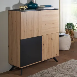 WOHNLING Highboard 110x125x40 cm MDF Sideboard in Eiche-Nachbildung / Schwarz Kommode mit 4 Türen Kommodenschrank Flurschrank Modern Standschrank Anrichte - Braun