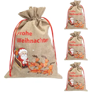 Idena 90472 - Jutesäcke ca. 30 x 40 cm, 4 Stück, Stoffbeutel mit Weihnachtsmann im Rentierschlittten und Aufschrift Frohe Weihnachten, Weihnachtssack mit roter Kordel