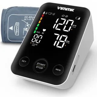 vimmk Blutdruckmessgerät Oberarm Digital Messgerät Bluthochdruck LED Display, Arrhythmie-Erkennung & Pulsmessung, 2x120 Speicher, Manschette 22-40cm