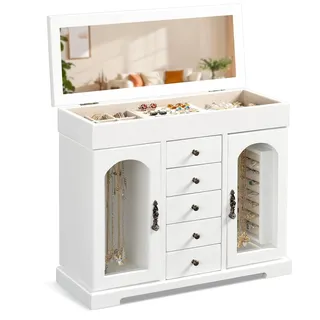 Emfogoo Schmuckkästchen für Damen, 6 Ebenen Rustic Aufbewahrungsbox, Groß Holz Schmuckaufbewahrung mit Spiegel, Schmuckkasten Organizers für Ringe, Ohrringe, Armbänder, Halsketten (Weiß)