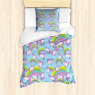 ABAKUHAUS Einhorn Mantele, Cartoon Childish, Milbensicher Allergiker geeignet mit Kissenbezügen, 135 cm x 200 cm - 80 x 80 cm, Mehrfarbig