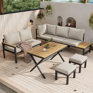 Flieks Gartenlounge-Set 6-teilig, Gartenmöbel-Set 7 Personen, Gartensofa mit Ablage, Balkonmöbelset Gartengarnitur Terassenmöbelset mit Kissen, Beige - Beige