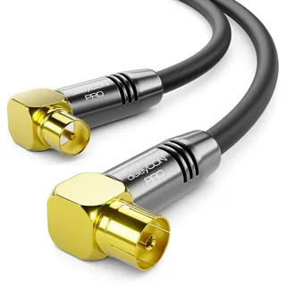 deleyCON 7,5m 4K TV Antennenkabel - 4K Ultra-HD Full HD HDTV - 2x Gewinkelt - Koaxialkabel - IEC-Stecker (90° Grad) zu IEC-Buchse (90° Grad) - Metallstecker - Schwarz