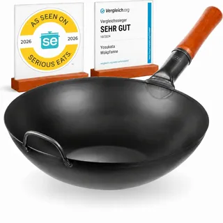 YOSUKATA Flacher Boden Karbonstahl Woks & Wokpfannen 34 cm | Voreingebrannter Wokpfanne - Traditionell Wok für induktionsherd - Kompatibel mit Gas- Elektroherden Grill Induktion Feuer