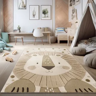 TT Home Kinderzimmer Teppich Spielteppich Hoch-Tief-Effekt Motiv Löwe Weich Naturtöne Minimalistischer Stil Pflegeleicht Modern Größe 80x150 cm - Beige