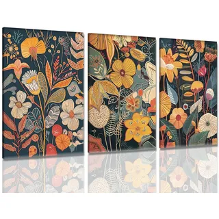 Dytila Gerahmte orangefarbene Blumen-Wandkunst, 3er-Set, bunte Pflanzenbilder, Wanddekoration, botanische Vintage-Leinwanddrucke, abstrakte Boho-Blumenbilder, Natur-Kunstwerk für Wohnzimmer