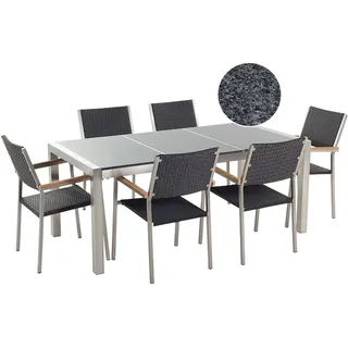 Beliani Gartenmöbel Set Grau Schwarz Granit Edelstahl Tisch 180 cm mit 3 Platten Poliert 6 Rattanstühle Terrasse Outdoor Modern - Silber, Schwarz