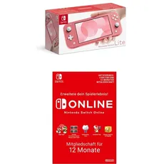 Nintendo Switch Lite, Standard, Koralle + Nintendo Switch Online Mitgliedschaft 12 Monate (Download Code)