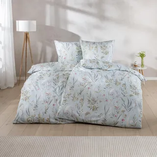 Estella Mako Satin Bettwäsche Rieke 7530-640 Blumen Azur Blau 135x200 - Blau