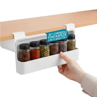 Avilia Set mit 2 ausziehbaren Gewürzregalen für die Küche, mit 6 Gläsern mit luftdichtem Deckel, platzsparend, verstellbar, für Hängeschränke und Böden, einfach zu montieren und zu reinigen