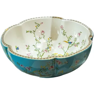 Gefäß-Spüle, blaues Blumen- und Vogel-Design, Jingdezhen, Blumenform, Keramik-Aufsatz-Kunstwaschbecken für Badezimmer, nur 1 Waschbecken, Größe/Maße: H 14,5 x B 41,5 cm