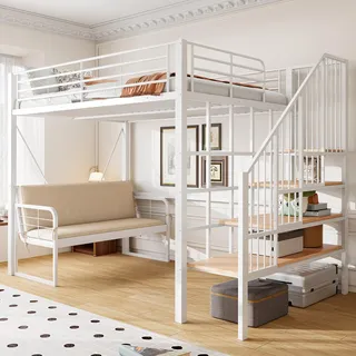 "Etagenbett (140 x 200 ) mit stabilem Metallrahmen, Hochbett mit abnehmbarem Polstersofa, Stauraum und Sicherheitstreppe. Geeignet für Kinder - Weiß